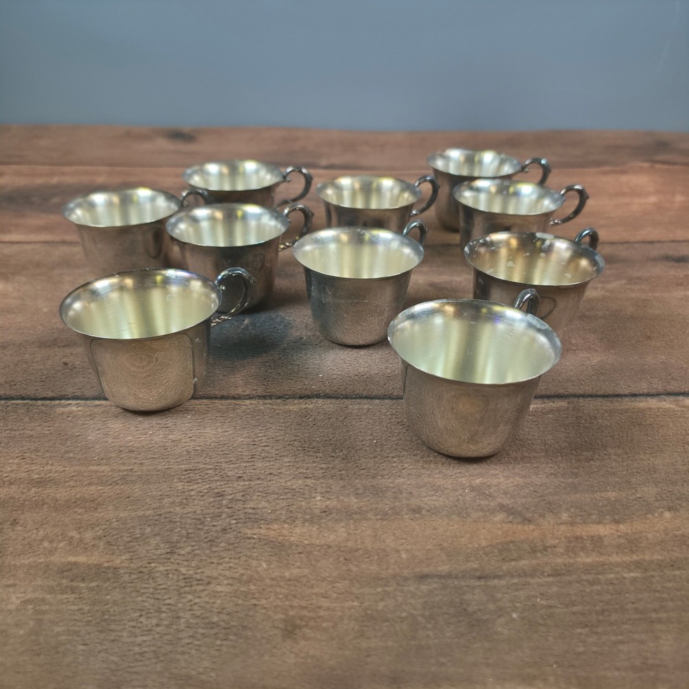 Demitasse Cups Set of 10 Silver Good Vintage Scrolled Handle